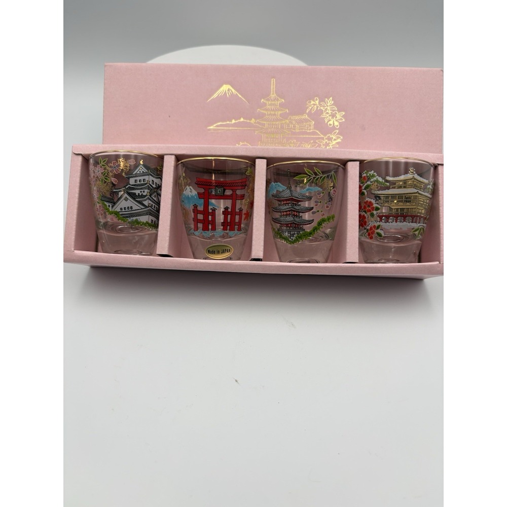 Japanese Shot Sake Glass Traditional Scenes Set/4  Boxed New Made In Japan Vtg